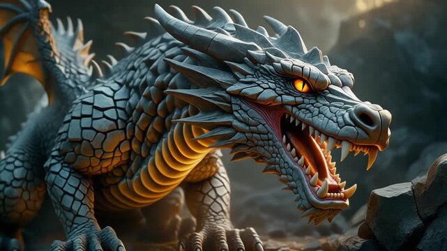 Fierce gray dragon creature with glowing orange eyes roaring in a dark rocky cavern setting inside this digital motion footage