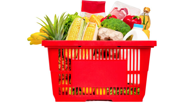 Red plastic shopping basket filled with fresh groceries and healthy food isolated on transparent background for retail