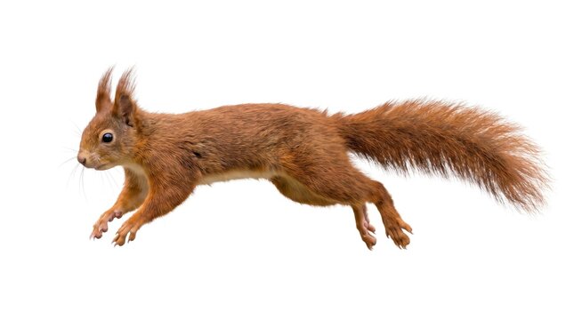 Red Squirrel Jumping Mid Air Isolated on White Background, Wildlife Concept for Animal Movement Studies