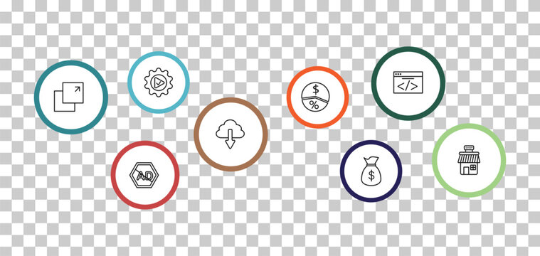 outline marketing icons set - execution, webcode, pop up, ad blocker. editable vector for web and mobile ui