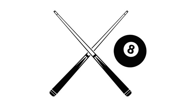 Vector illustration of billiard cues crossed with an 8 ball icon on a transparent background