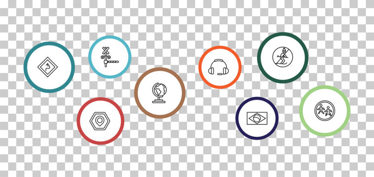 outline maps and flags icons set - rail crossing, no skiing, curves ahead, maps mark. editable vector for web and mobile ui