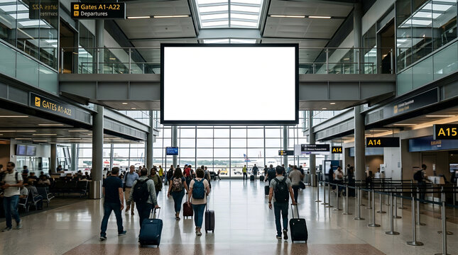 People walk in an empty airport terminal with a blank white information screen mockup.