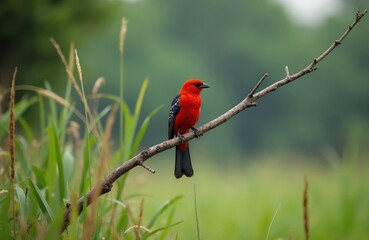 Obraz premium Scarlet tanager male bird rests on dry branch. Vibrant red plumage, black wings, perched in green foliage, natural habitat, birding subject.