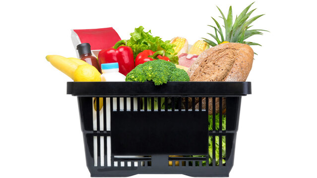 Black shopping basket filled with fresh groceries and vegetables isolated on transparent background for retail concept