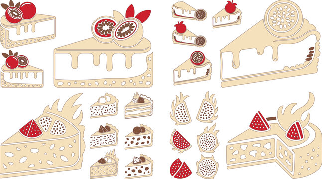 collection of drawn cheesecake slices with fruit toppings on white background
