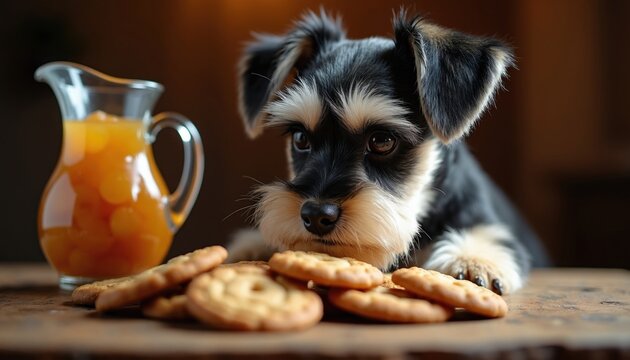 Miniature schnauzer pup eagerly eyes cookies on rustic wood table near jug of juice. Small dog wants treat. Cute pet waits patiently for snack.