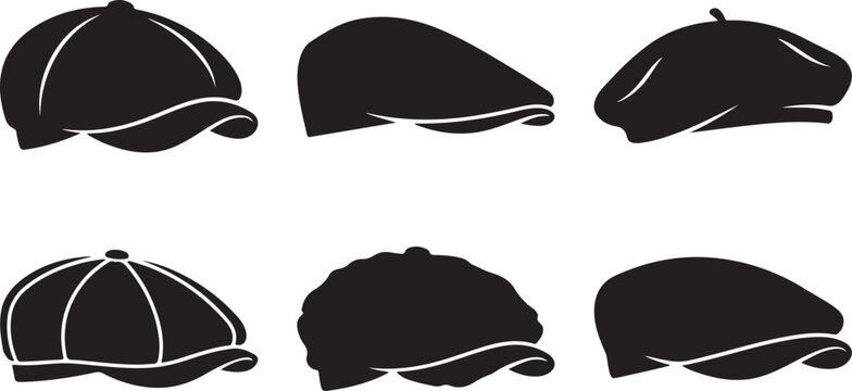 Black baseball caps, flat caps, and beanies, vector hats, white outlines, fashion accessories