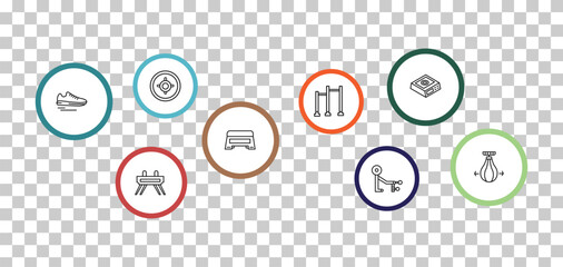 outline gym equipment icons set - weight plates, weight scale, sneakers, vaulting horse. editable vector for web and mobile ui © IconArt