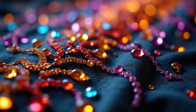 Close up shot of colorful rhinestones and beads arranged in intricate patterns on dark fabric. The sparkling gems create a vibrant, decorative texture with blurred bokeh lights in background.
