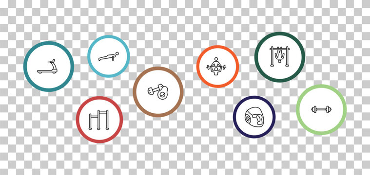 outline gym and fitness icons set - push up, bar exercising, running hine, gym ladder. editable vector for web and mobile ui