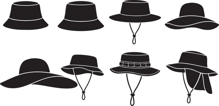 Black hats, vector hat icons, sun hats, fashion accessories, headwear