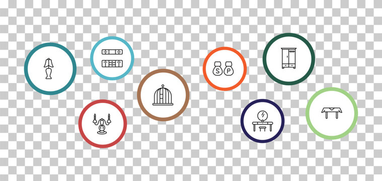 outline furniture and household icons set - cabinet, wardrobe, bedroom lamp, candelabrum. editable vector for web and mobile ui