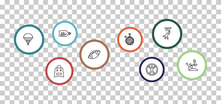outline free time icons set - ship in a bottle, bungee jumping, parachuting, bags. editable vector for web and mobile ui