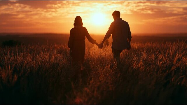 Silhouette of a loving couple holding hands and walking in a field at sunset