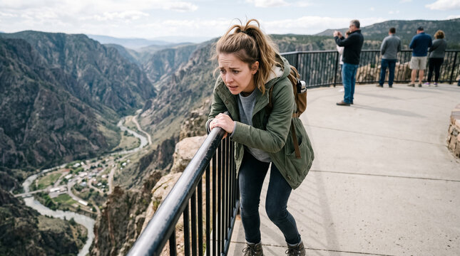 Young woman gripping railing with fear looking down a deep canyon, experiencing acrophobia and vertigo at a scenic overlook