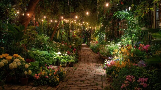 Enchanting garden path with flowers illuminated by string lights at night. This image evokes romance, peace, and could be used for wedding themes.