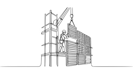 Obraz premium Construction worker and crane building wall with stacked modules