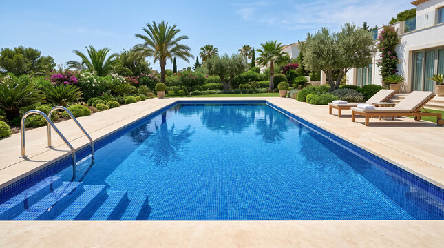 Luxury villa backyard showing large swimming pool, sun loungers, and lush green garden with palm trees under clear sky