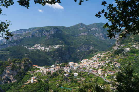Ravello mountain village nestled in terraced hillsides on the Amalfi Coast, Italy