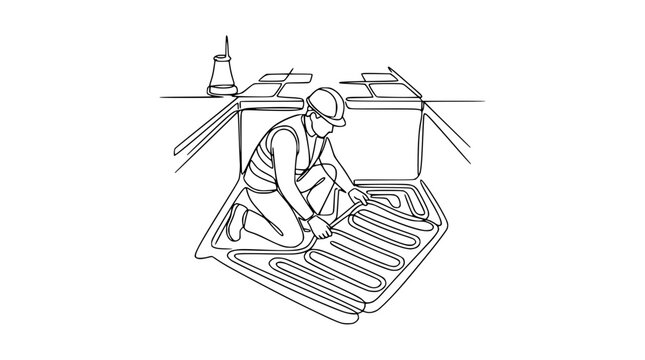 Construction worker installing underfloor heating system, line art illustration