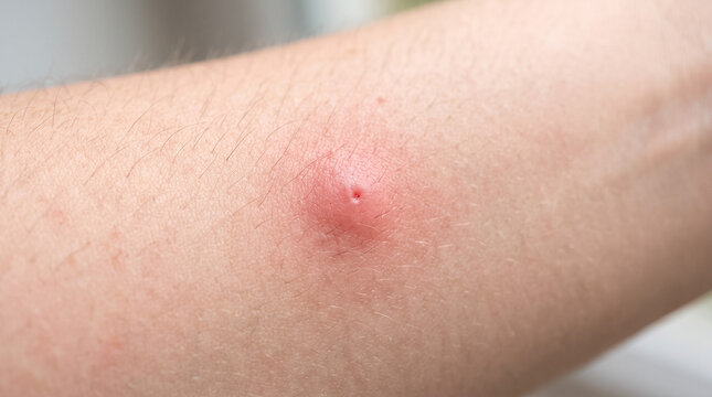Inflamed insect bite on human skin showing redness and swelling from an allergic reaction or infection