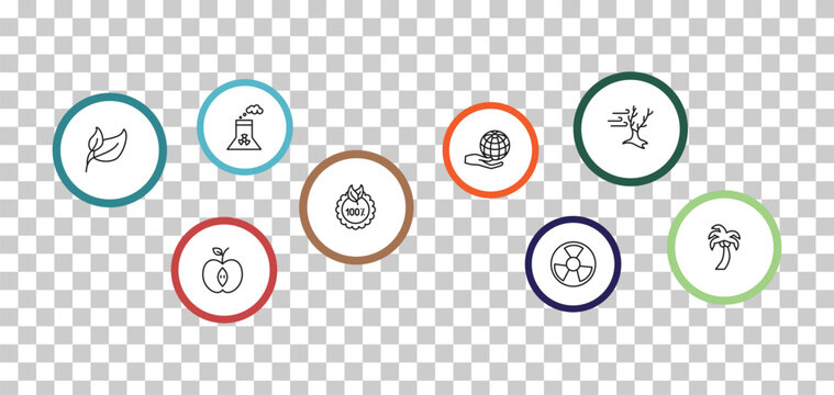 outline ecology icons set - nuclear power, wind bending tree, two leaves, half. editable vector for web and mobile ui