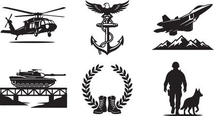Obraz premium Military, aviation, and naval icons, black silhouette vector set