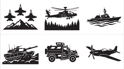 Obraz premium Military vehicle icons, transport silhouette set, 6 black vector graphics, aircraft, naval ships, army truck