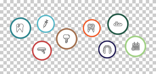 outline dentist icons set - empty syringe, partial denture, damaged tooth, dental veneer. editable vector for web and mobile ui © IconArt