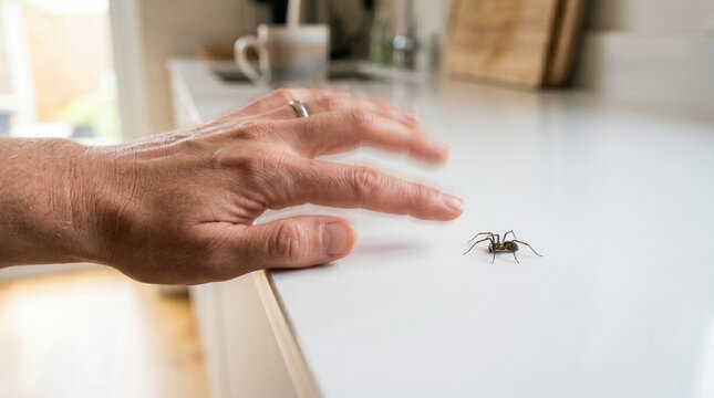 Human hand recoiling from a household spider, experiencing arachnophobia and fear of pests in a kitchen