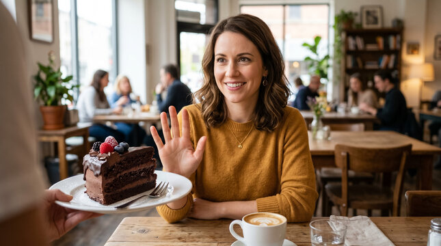 Woman refusing chocolate cake, demonstrating willpower and healthy choices in a cafe setting