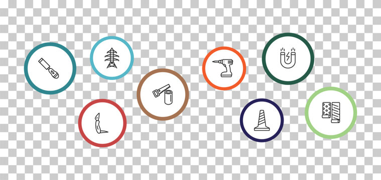 outline construction and tools icons set - electric tower, inclined magnet, chisel, jackknife. editable vector for web and mobile ui