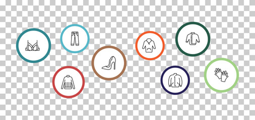 outline clothes icons set - jeans, windbreaker, brassiere, turtleneck. editable vector for web and mobile ui © IconArt