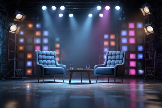 Two blue armchairs with a coffee table are under studio lights. Ideal for media concepts, talk show set design, or stage backgrounds.