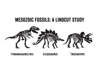 Mesozoic Fossils Linocut Study: Tyrannosaurus Rex, Stegosaurus, and Triceratops Skeletons © MdDulal