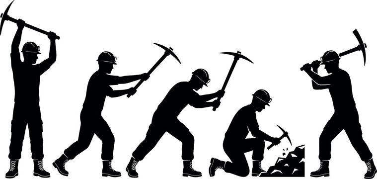 Coal Miner Worker Silhouette Collection Featuring Men with Hard Hats and Pickaxes Digging Ground for Heavy Industry Mining and Geology Graphic Designs
