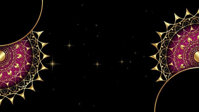 Animation of Luxury mandalas background with gold frame in arabesque pattern Arabic style. Motion Graphics purple Mandala Rotating on Both Sides. Elegant black Background and copy space for you text