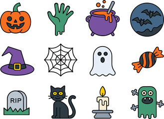 Fototapeta premium Halloween Doodle Icons Collection Illustration, Spooky Holiday Symbols Set, Cute Cartoon Vector Design Artwork