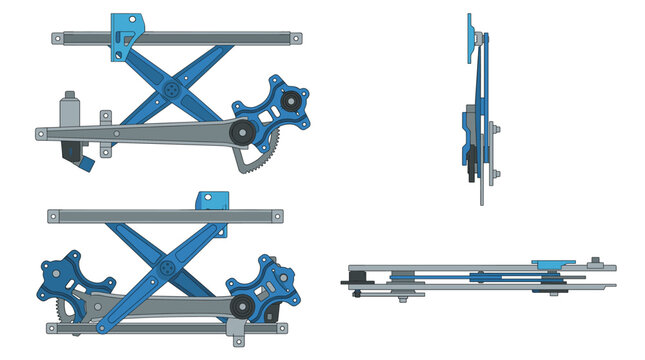Window regulator automotive component with front side rear and top views vector illustration