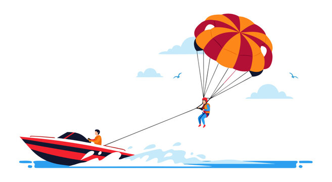 Parasailing Water Sport Adventure Flat Vector Illustration Design for Summer Vacation Recreation Concept for Creative Graphic Design Projects
