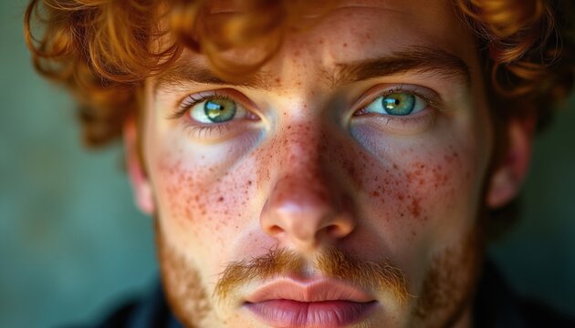 Young redhead man with freckles and green eyes looks intently. His curly ginger hair frames a youthful face with gentle expression. Moustache and stubble visible.