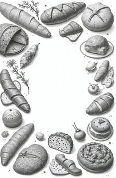 Bakery collection in vintage style. Loaf of bread, croissant, pastry buns arranged in circle. Top view illustration on white background. Flat lay composition for menu or advert.