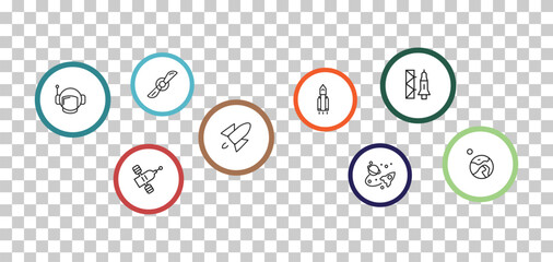 outline astronomy icons set - airscrew, launching shuttle, astranaut helmet, inclined satellite. editable vector for web and mobile ui © IconArt