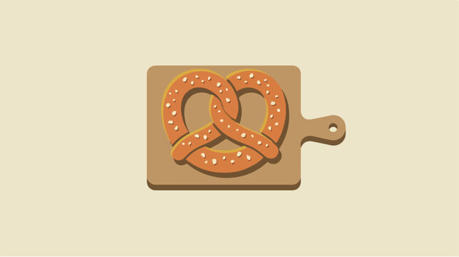 Freshly baked salted pretzel on a wooden serving board.