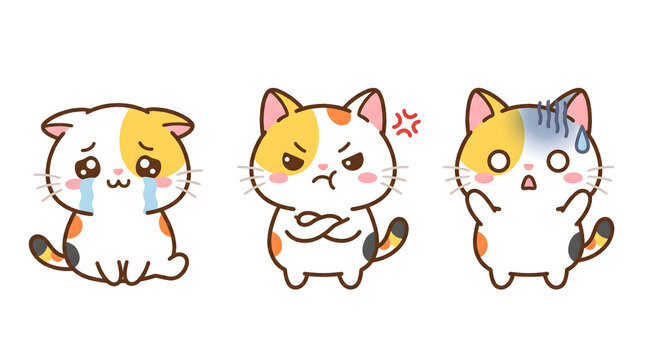 Cute chibi calico cat sticker character set with sad, crying, and angry expressions, isolated on a white background
