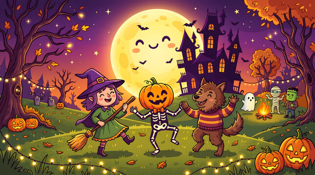 Cute cartoon Halloween monster character sheet featuring dancing werewolf, vampire, Frankenstein, mummy, witch, and pumpkin skeleton, generative AI