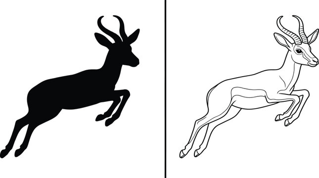 Gazelle Jumping Silhouette and Outline Vector Design Elements on a White Background, Suitable for Various Graphic Projects.