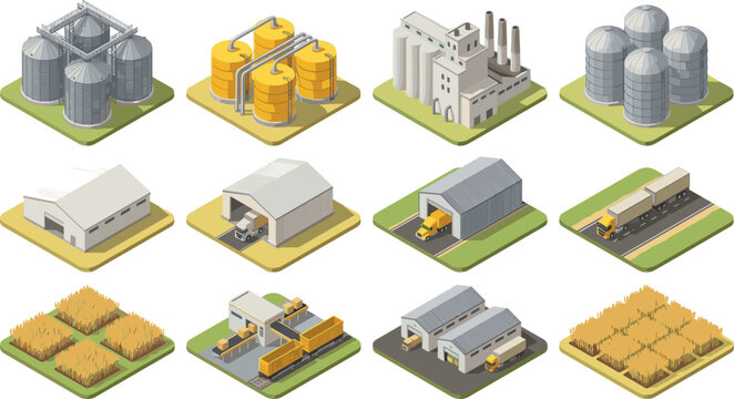 Isometric Agricultural Industrial Facility Icon Set Featuring Grain Elevators Warehouses Wheat Fields Processing Plants Cargo Trucks and Freight Trains for Logistics Graphics