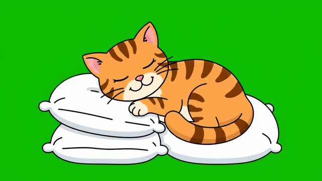 A serene cartoon cat sleeps peacefully on stacked white pillows against a vibrant green background